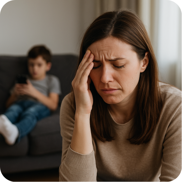 Mãe sentida com filho no celular